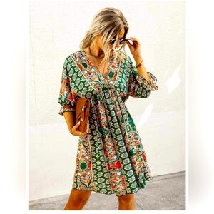 Women Boho Dress Floral V Neck Flowy Dress Casual XL